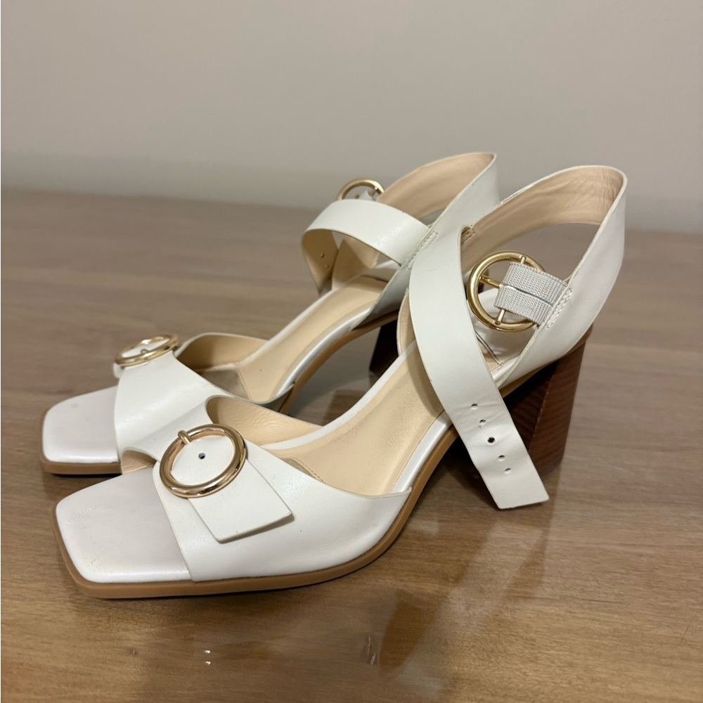 Nordstrom White Leather Block Heel with Gold Buckle - Picture 2 of 4